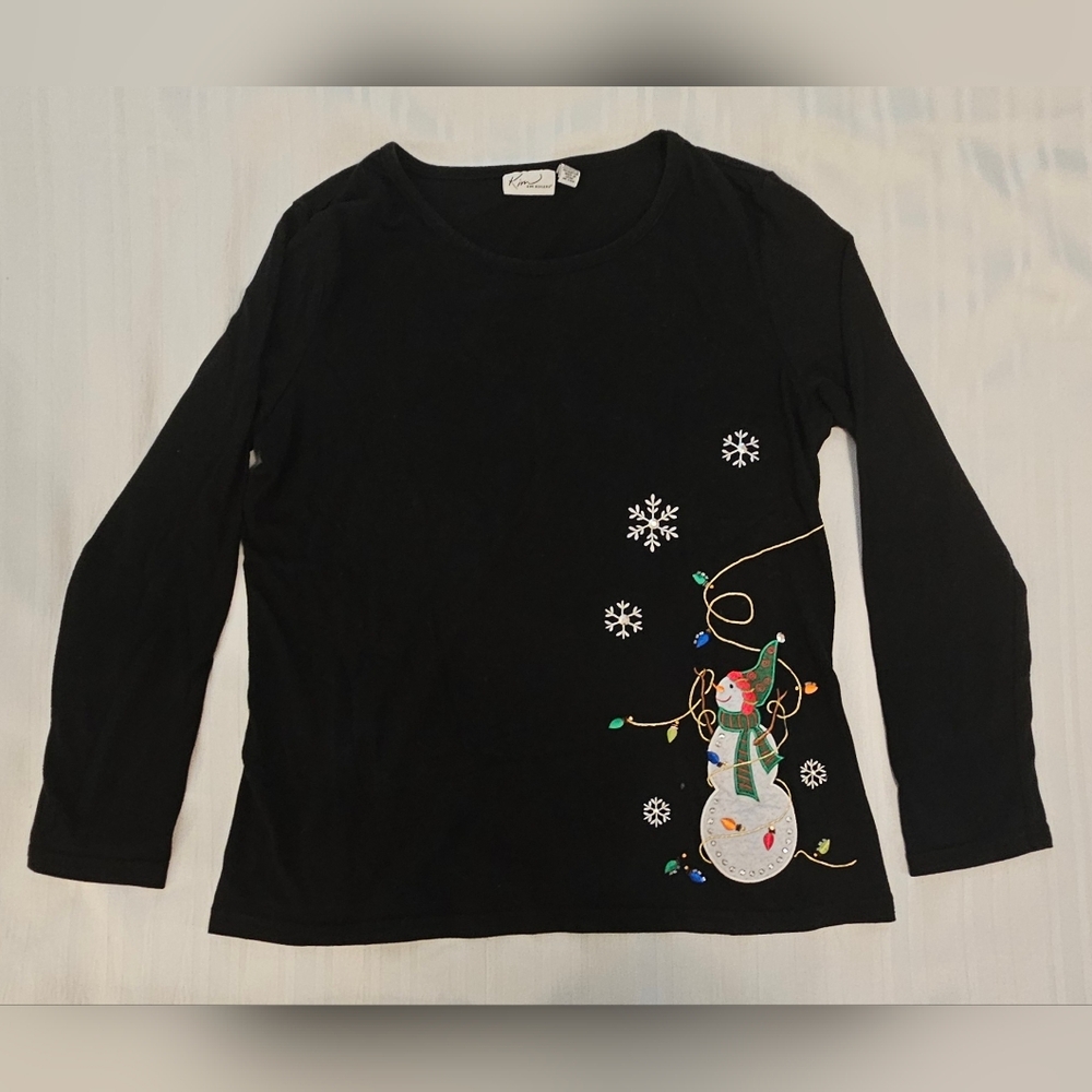 Kim Rogers Holiday Top - Black Applique Snowman Long Sleeve - Size M Medium